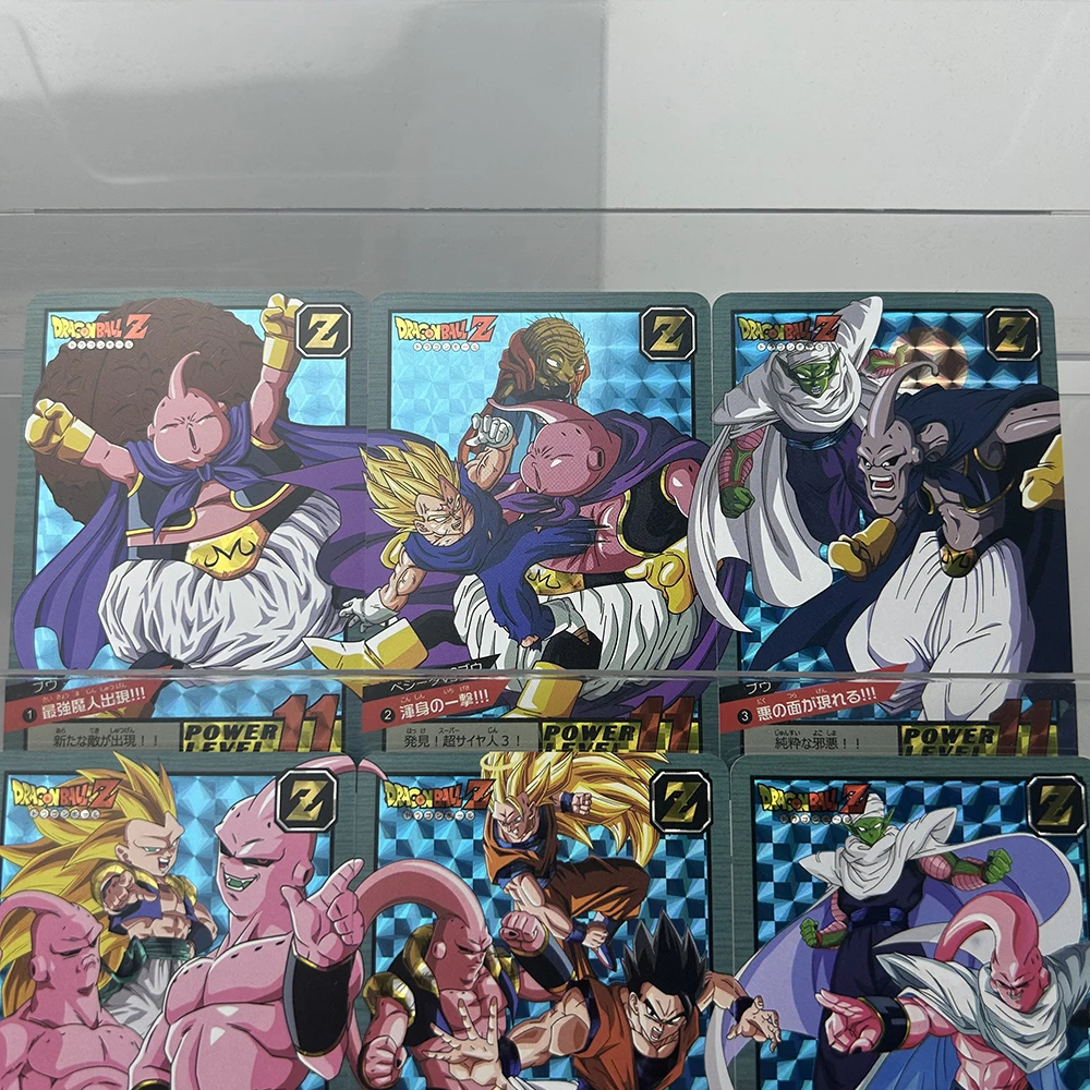 9PCS Anime Collectible DB Cards Grid Pattern Flash Buu Saga Power Level Prism Holo Foil Japanese Vintage Collectible Cards Gift