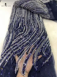 Navy Blue Latest French Tulle Beaded Sequin Lace Fabric 5 Yards 2024 High Quality Nigerian African Lace Fabric For Wedding Party