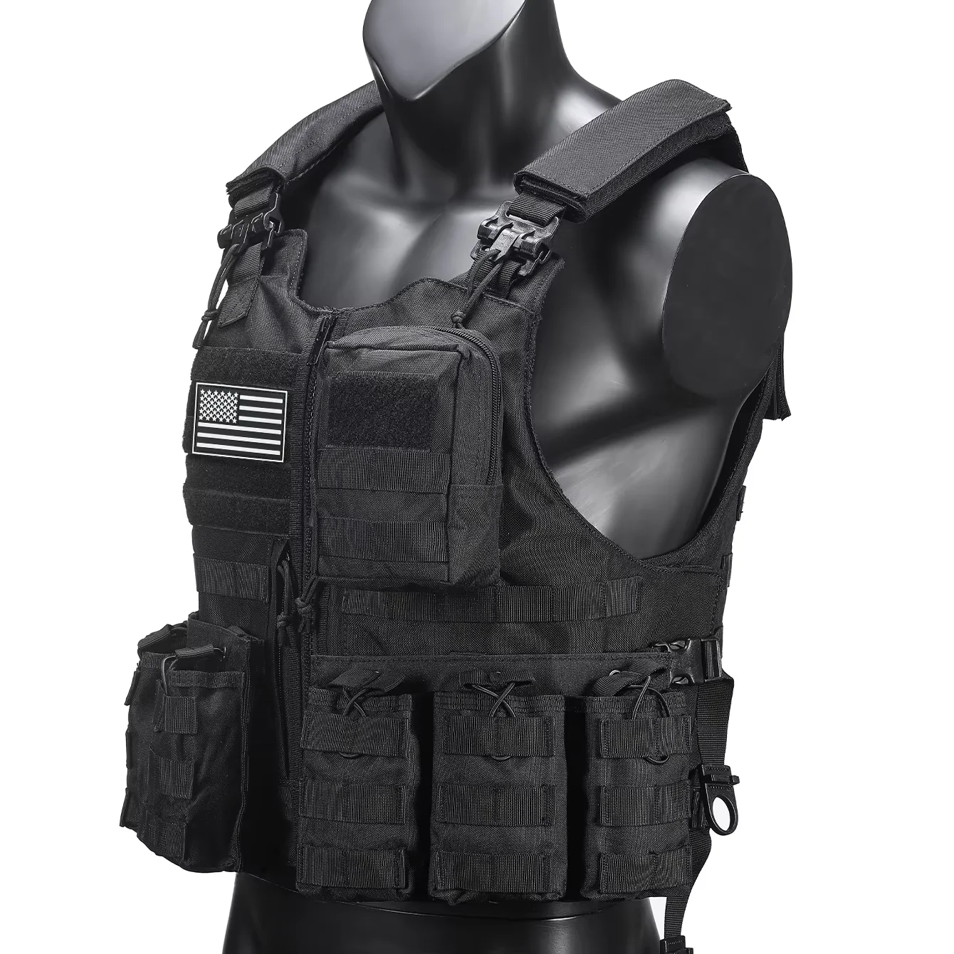 

Adjustable quick release vest with detachable triple pockets on both sides, hidden pockets inside, MOLLE system expansion