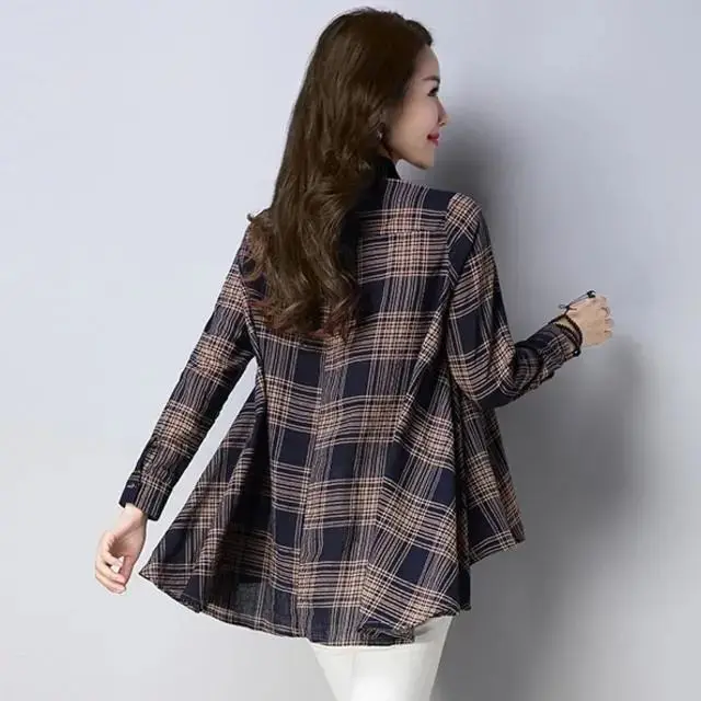 Korean Fashion Asymmetrical Plaid Shirt Women Clothing 2022 Autumn New Casual Commuter All-match Lapel Long Sleeve Loose Blouses