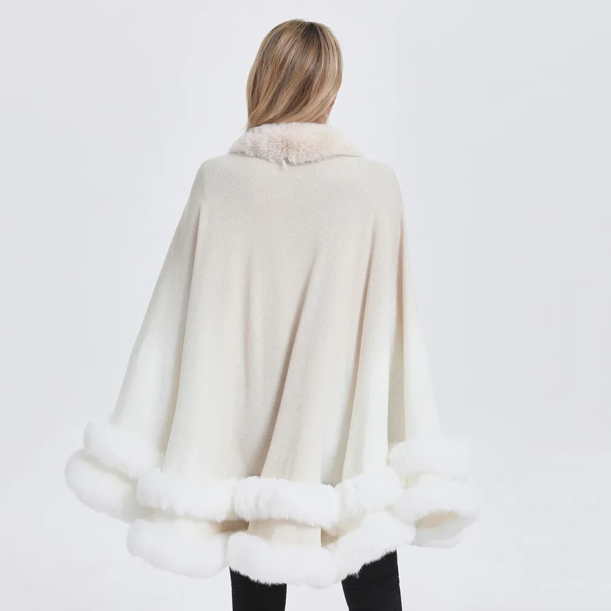 2024 Winter 2 Circle Faux Fur Collar Big Pendulum Shawl Overcoat Loose Cloak Women Warm Gradient Colors Cashmere Poncho Capes