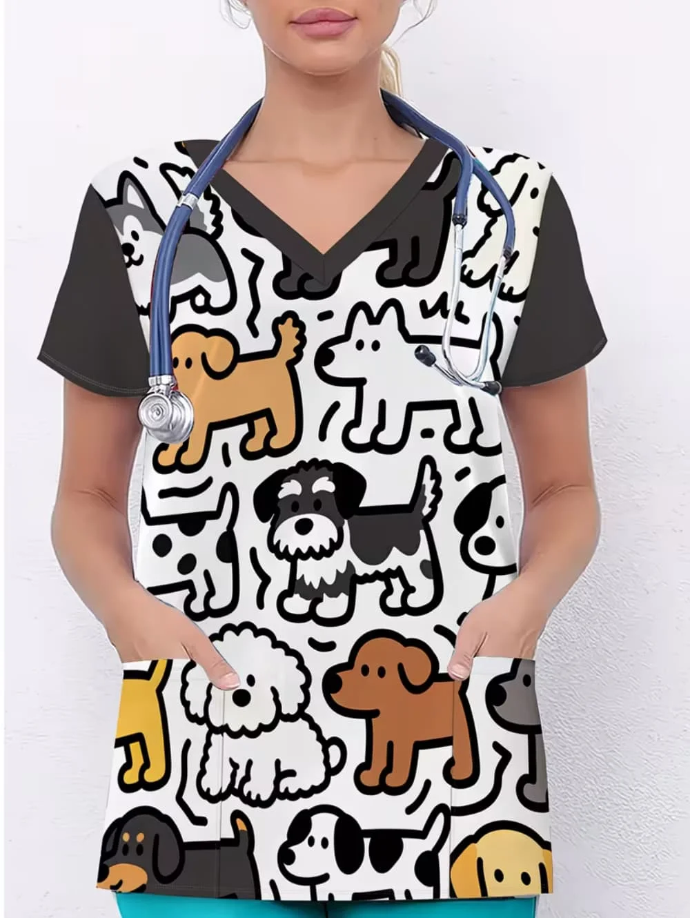 Clinical Uniform Woman Cute Dog Pattern Print Fashion V-Neck T-Shirt Vibrant Pockets Summer Comfortable Vet Nurse Uniform Woman