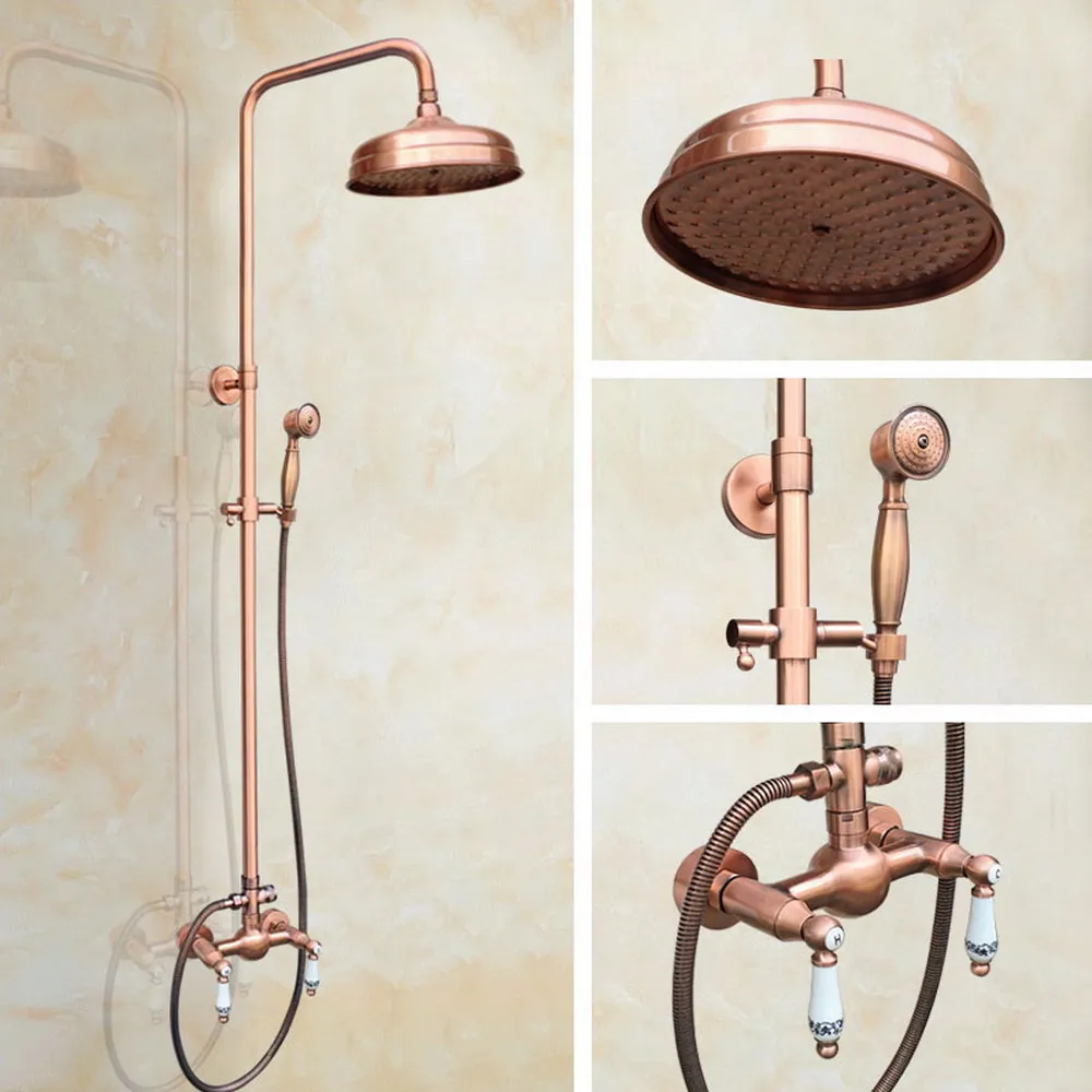 Antique Red Copper Brass Dual Ceramic Handles Bathroom 8 Inch Round Rain Shower Faucet Set Mixer Tap Hand Shower mrg551