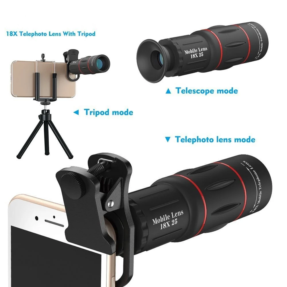 18/28/36X Monocular Telescope Clip-On Zoom Phone Camera Telephoto Lens Optical Telescope Lens for Camping Hunting Sports