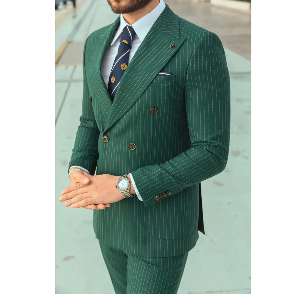 

Luxury Green Pinstripe Men Suits Double Breasted Back Vent Peak Lapel Blazer Formal 2 Piece Jacket Pants Set Tailor Full Set