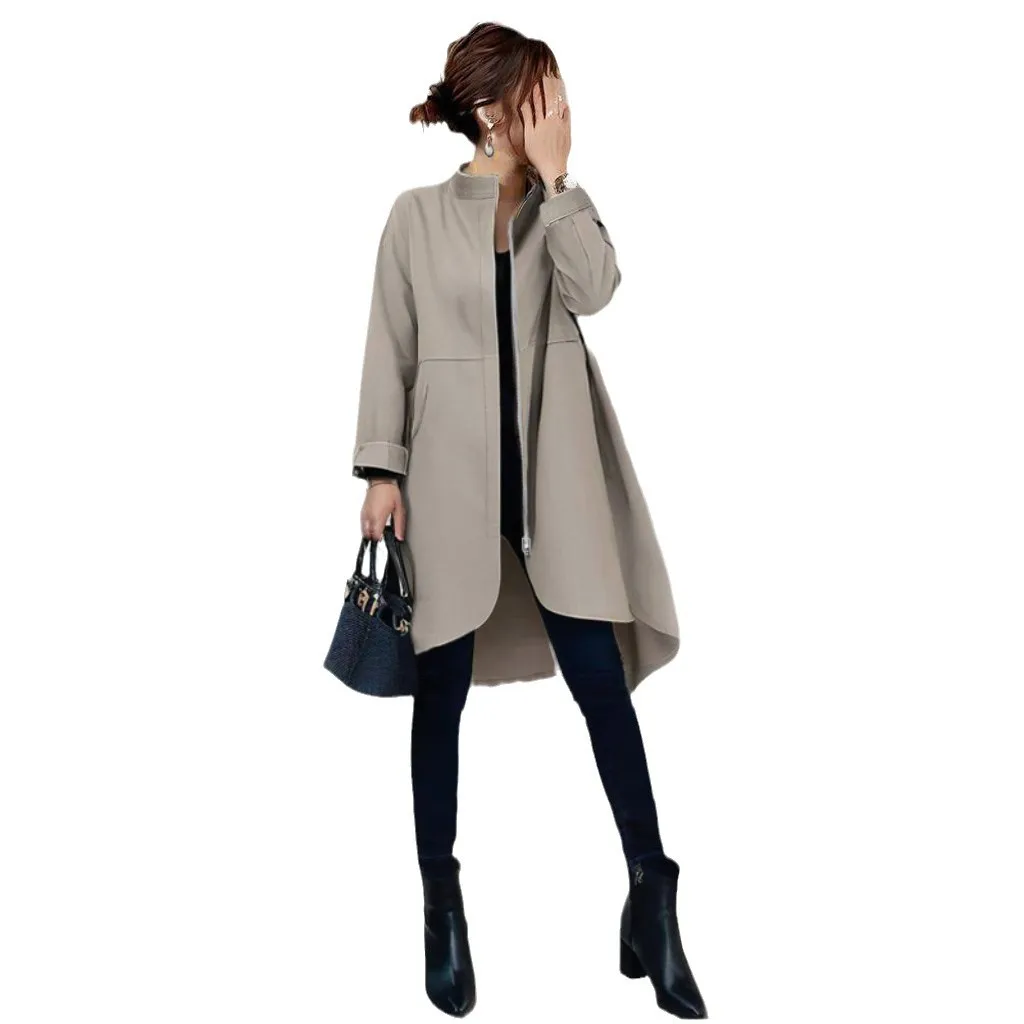 Women Trench Mid Length Coats Jackets Stand Collar Spring Coat Casual Jackets Y2k Streetwear Jacket Work Outerwear Autumn Winter