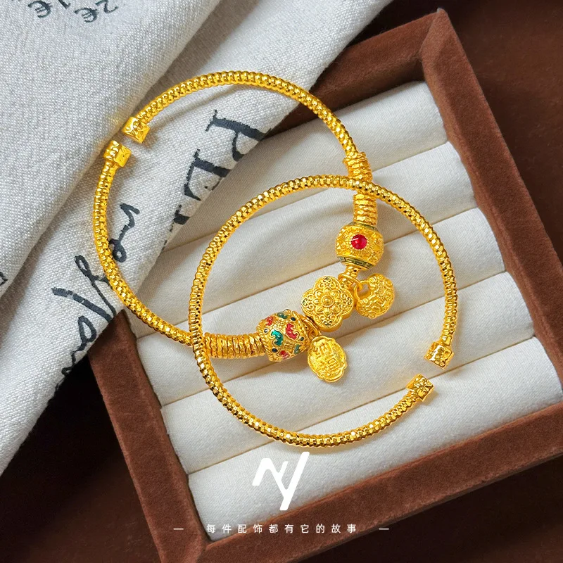 

Real 24k Gold 9999 Bangle Ancient Gold Handmade DIY Disk-wrapped Beaded Bracelet Can Open the Universal Bracelet