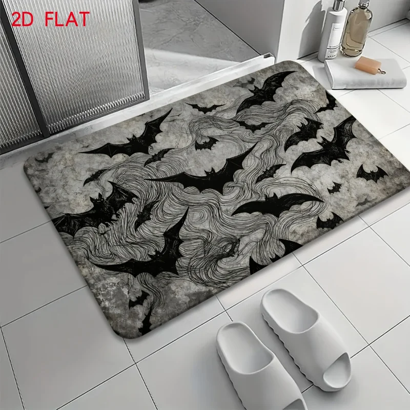 Vintage Hand Painted Black Bat Area Rug Non Slip Washable Floor Mat For Bathroom Kitchen Home Decor
