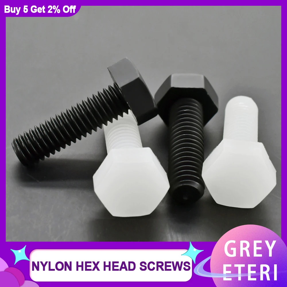 나일론 외장 육각 헤드 나사, 단열 또는 전기 저항용 플라스틱 외부 육각 볼트, M3 ~ M6, 흑백