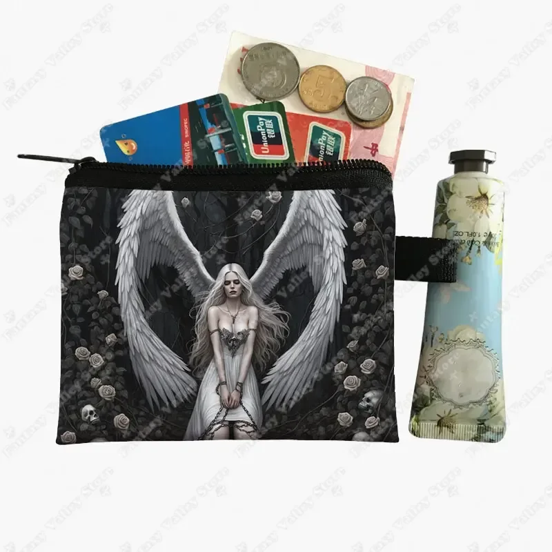 Punk Black Angel Demon Print Coin Bag Wallet ID Credit Card Earphone Key Holder Money Coin Bag Small Purse Zipper Pouch Gift