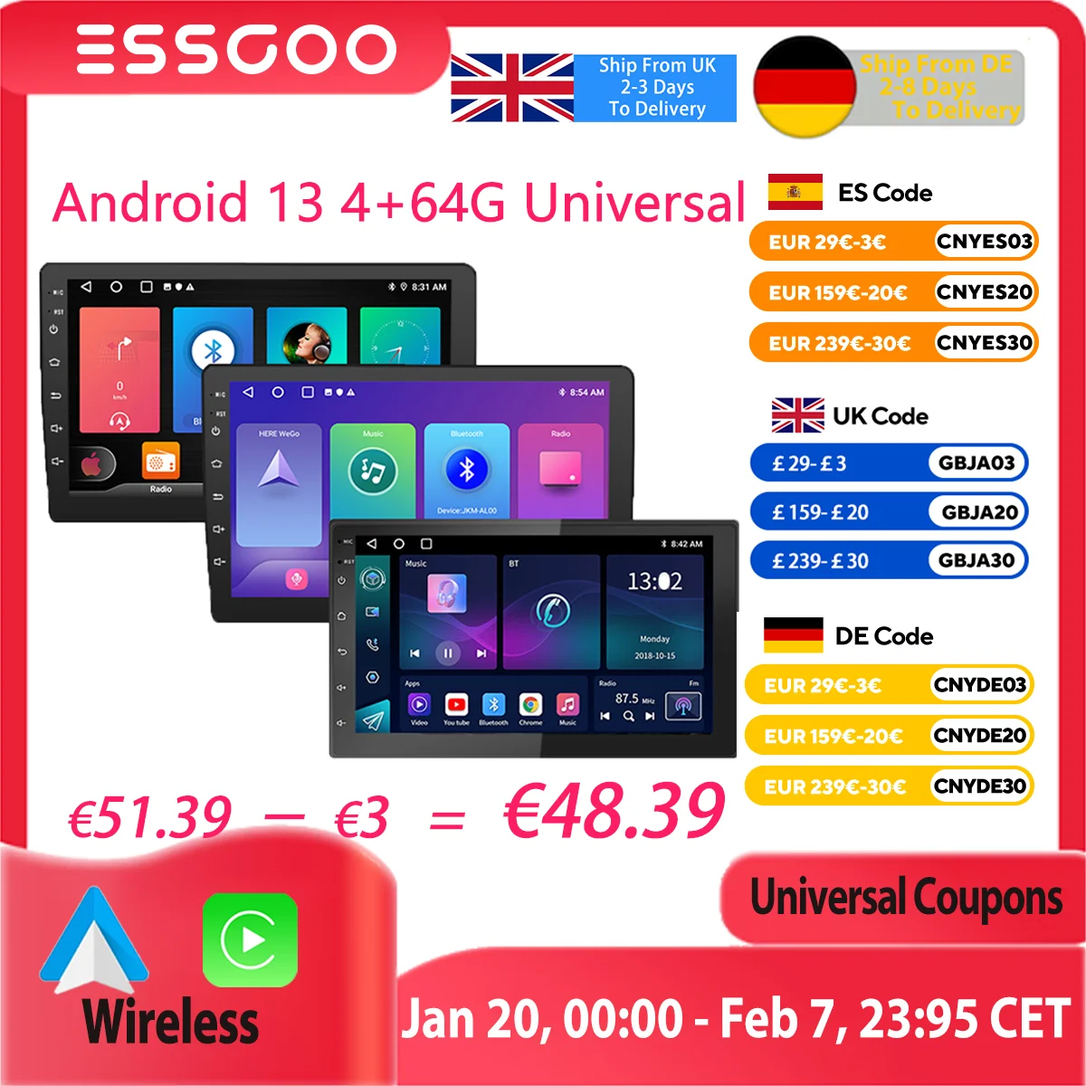 ESSGOO-Autoradio Android, Carplay, Lecteur Vidéo, Stéréo, GPS, 2 Din, 7 