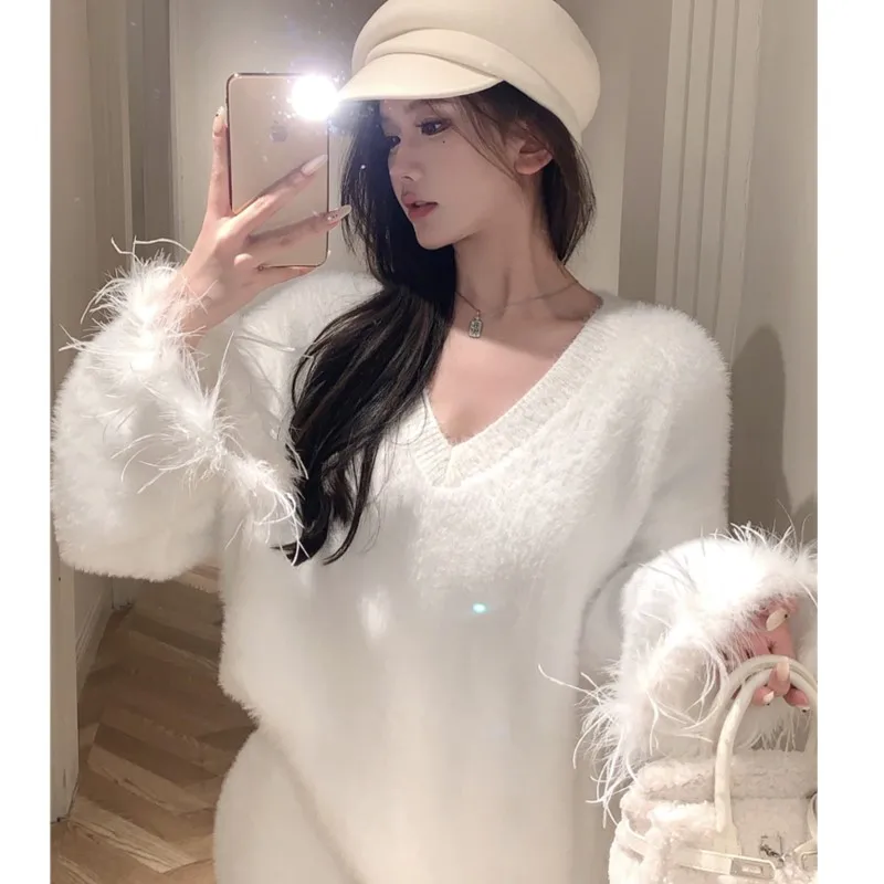 Autumn Winter New Two-piece Skirt Set Women V-neck Long Sleeve Pullover Top Midi Bodycon Skirt Solid Korean Fashion Clothing