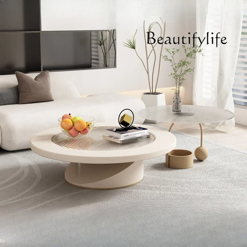 N Qiji كريم نمط غرفة المعيشة طاولة القهوة الزجاجية البسيطة الخفيفة الفاخرة شقة صغيرة الإبداعية طاولة شاي مستديرة #6