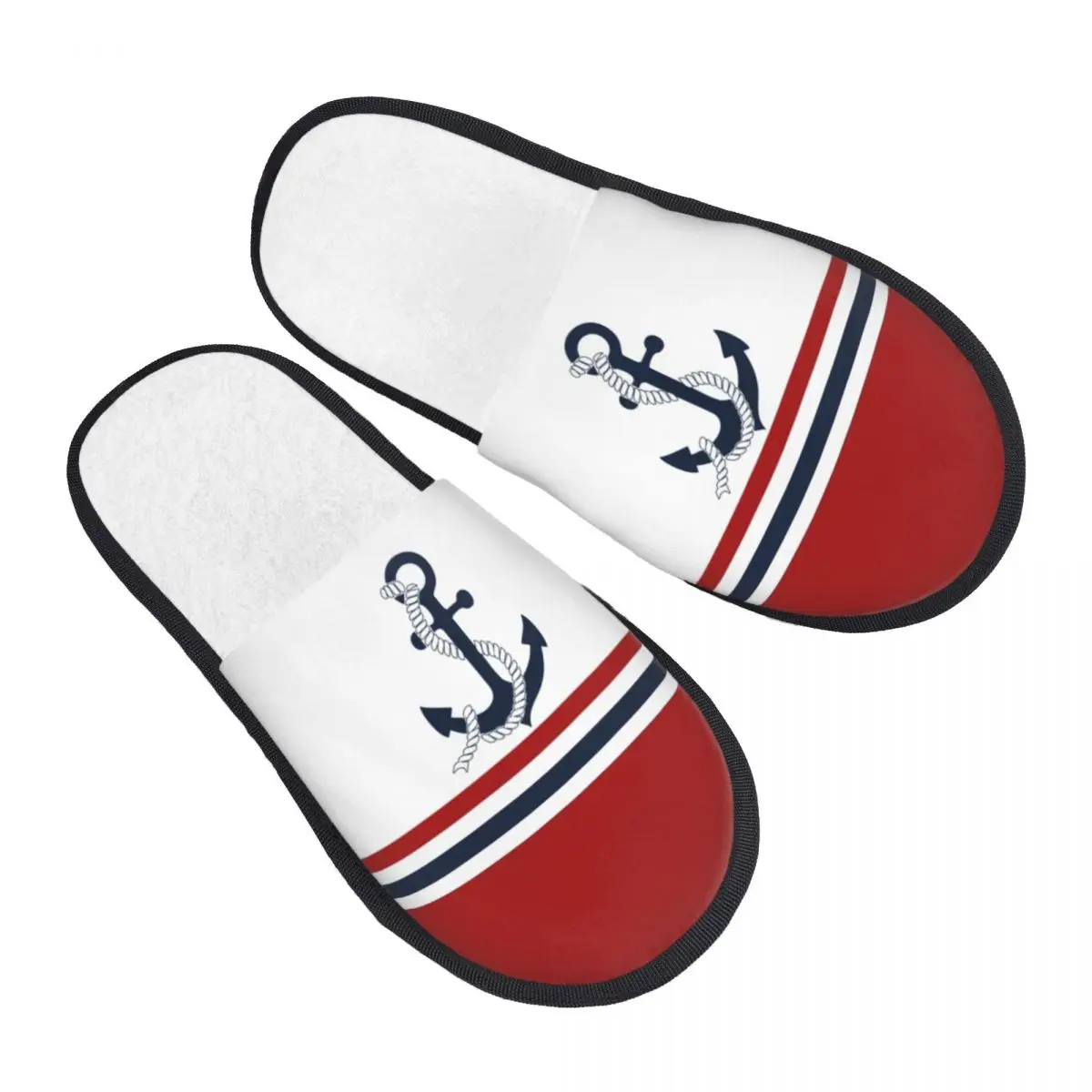 

Custom Nautical Blue Anchors With Stripes Memory Foam Slippers Women Soft Warm Sailing Sailor House Slippers