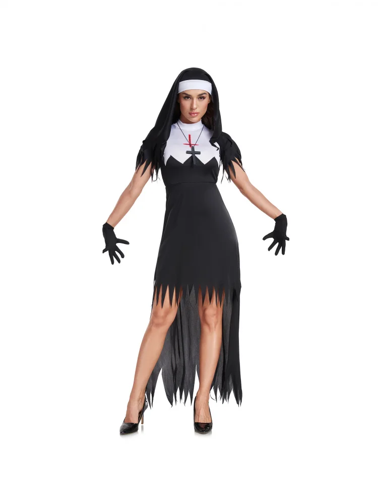 

Костюм ведьмы на Хэллоуин для женщин, костюм злой монахини, тонкое платье с высокой талией для косплея, для женщин 8-25 лет
