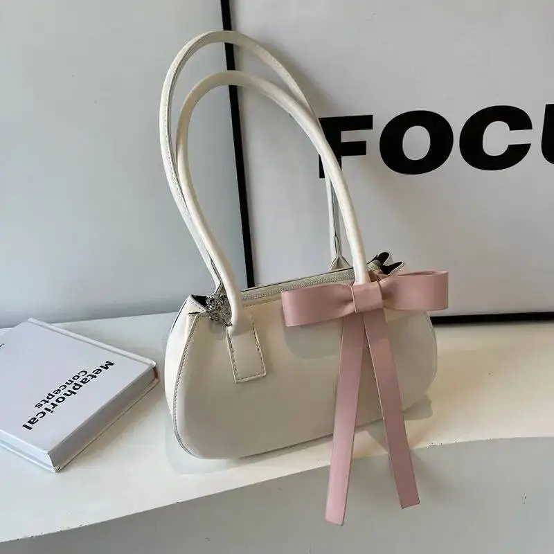 Bloom Haruku Bow Pink Shoulder Bags Women 2025 Fairycore Aesthetic Leather Underarm Bag Ladies Versatile Casual Handbag Y2k