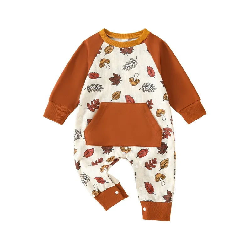 Baby Jumpsuit Long Sleeve Crew Neck Leaves Print Fall Romper Clothes for Boys Girls