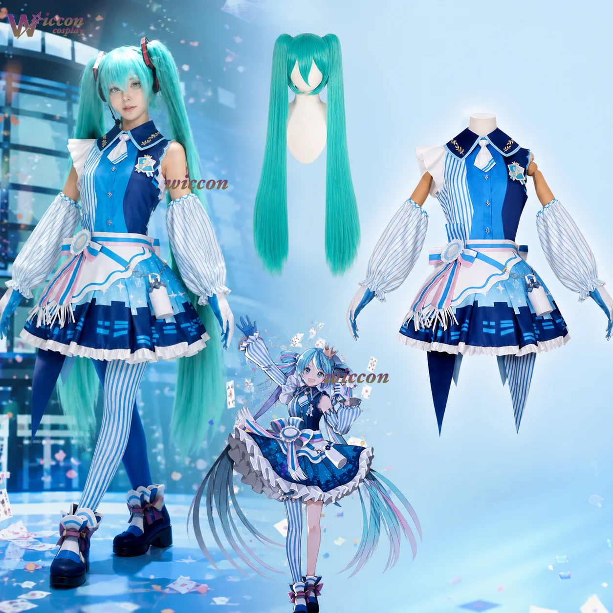 Vestido de Cosplay Lolita Azul de Hatsuune Miku de Ani Cos Project SEKAI Colorful Stage - Inspirado en Lawson 50th, con Mangas Abullonadas de Encaje, para Halloween