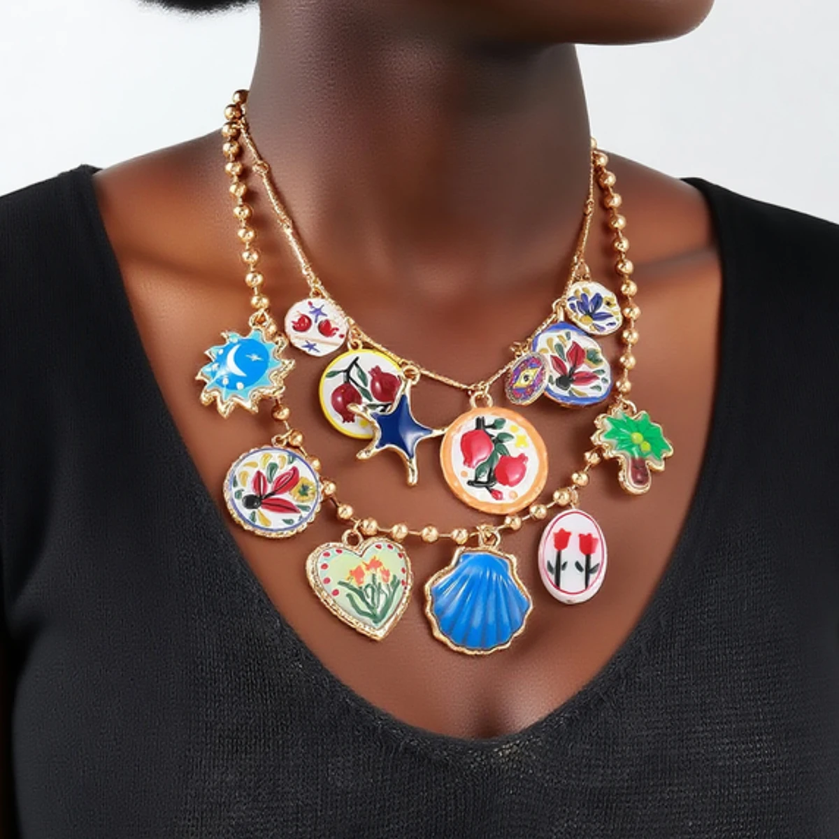 

New ZAA Beads Matel Chains Heart Starfish Shell Geometric Painting Palm Tree Pendant Necklace for Women Fashion Jewelry Gifts