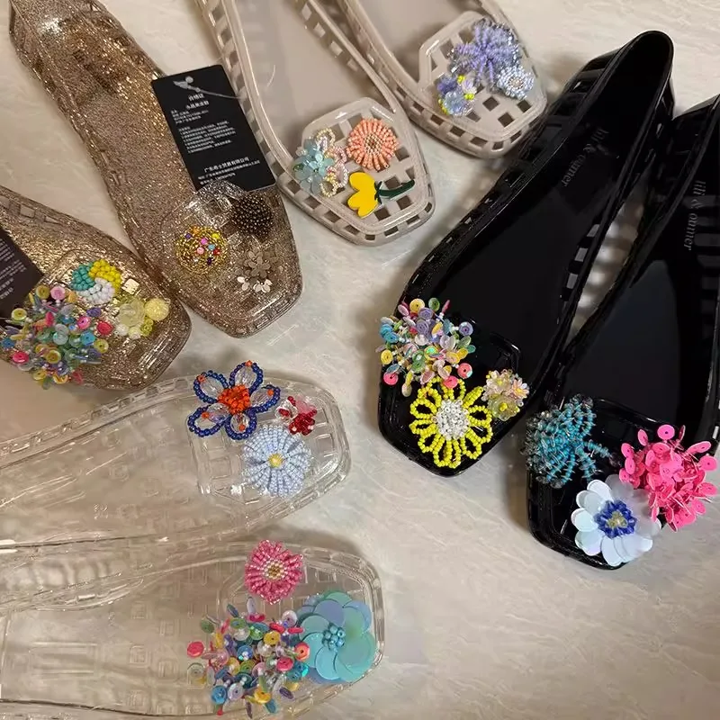 

Women's Hollowed Out Sandals 35-41 Yards New Transparent Shallow Mouth Square Head Jelly Shoes with Accessories Crystal Shoes