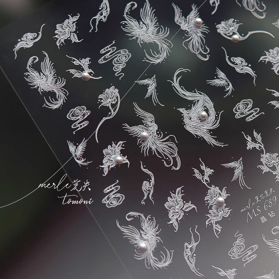 

1pc White Phoenix Cloud Flower Nail Stickers 5D Luxury Chinese Style Nail Art Design Decorative Stickers Decals DIY Accessories