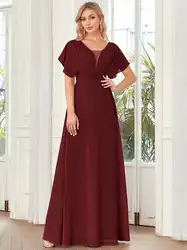 Elegant Evening Dresses Double V-neck a flowy skirt and Ruffle Sleeves 2024 Ever Pretty of Chiffon Burgundy Bridesmaid Dress