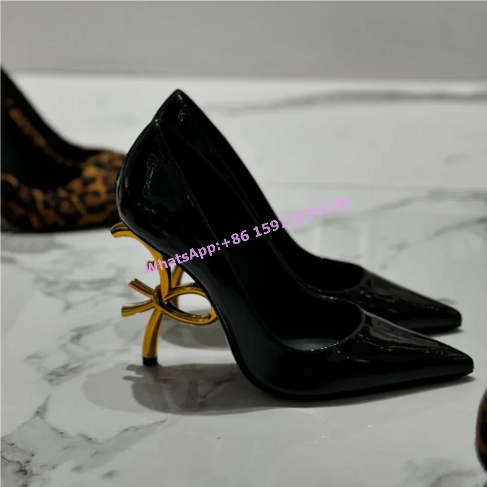 

Strange Style Heels Pumps Butterfly Knot Heels Slip On Black Leather Shoes High Quality Official Ladies Leisure Shoes