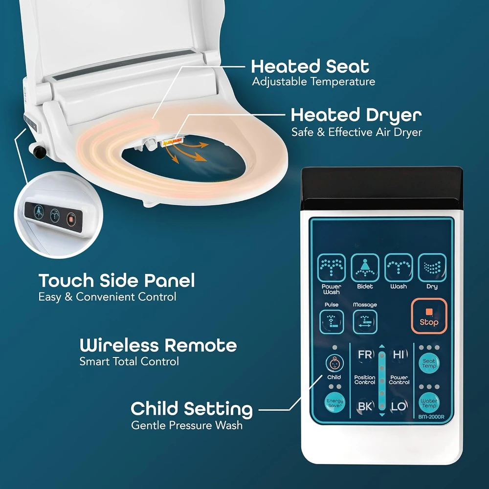 Heated Smart Toilet Seat with Unlimited Heated Water，Wireless Remote, Deodorizer and Warm Air Dryer Self-Cleaning，Toilet Seats