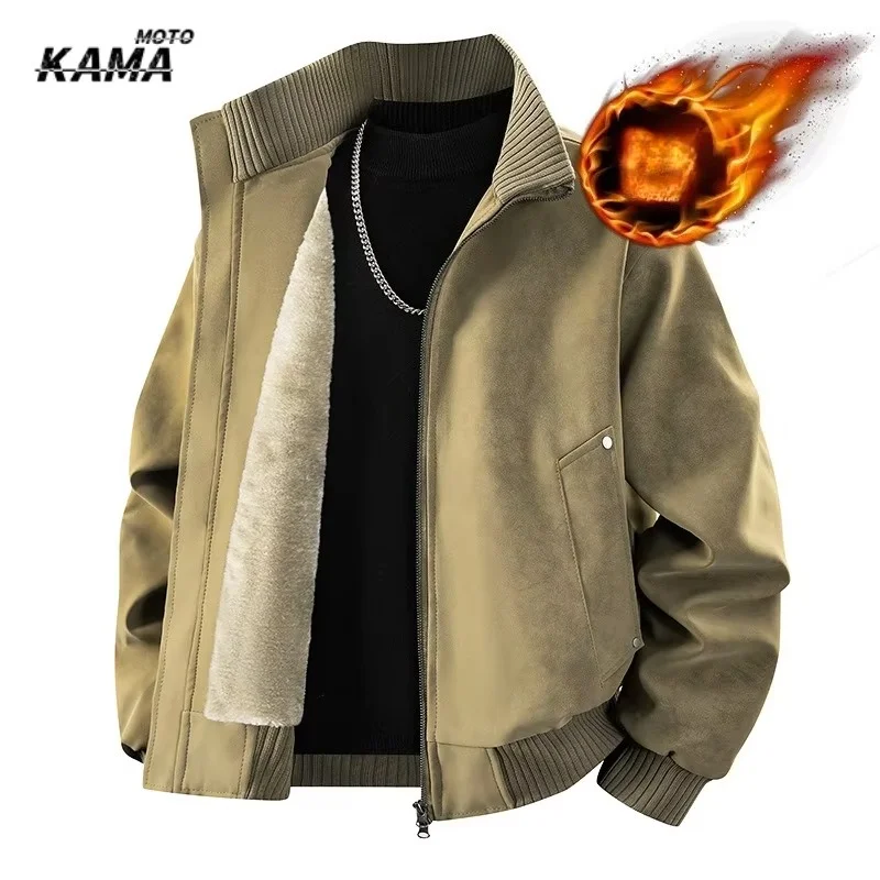 Warmth Thickened PU Leather Jacket Men's Loose Winter Coat Fleece Lined American Style Casual Outerwear Windproof Waterproof