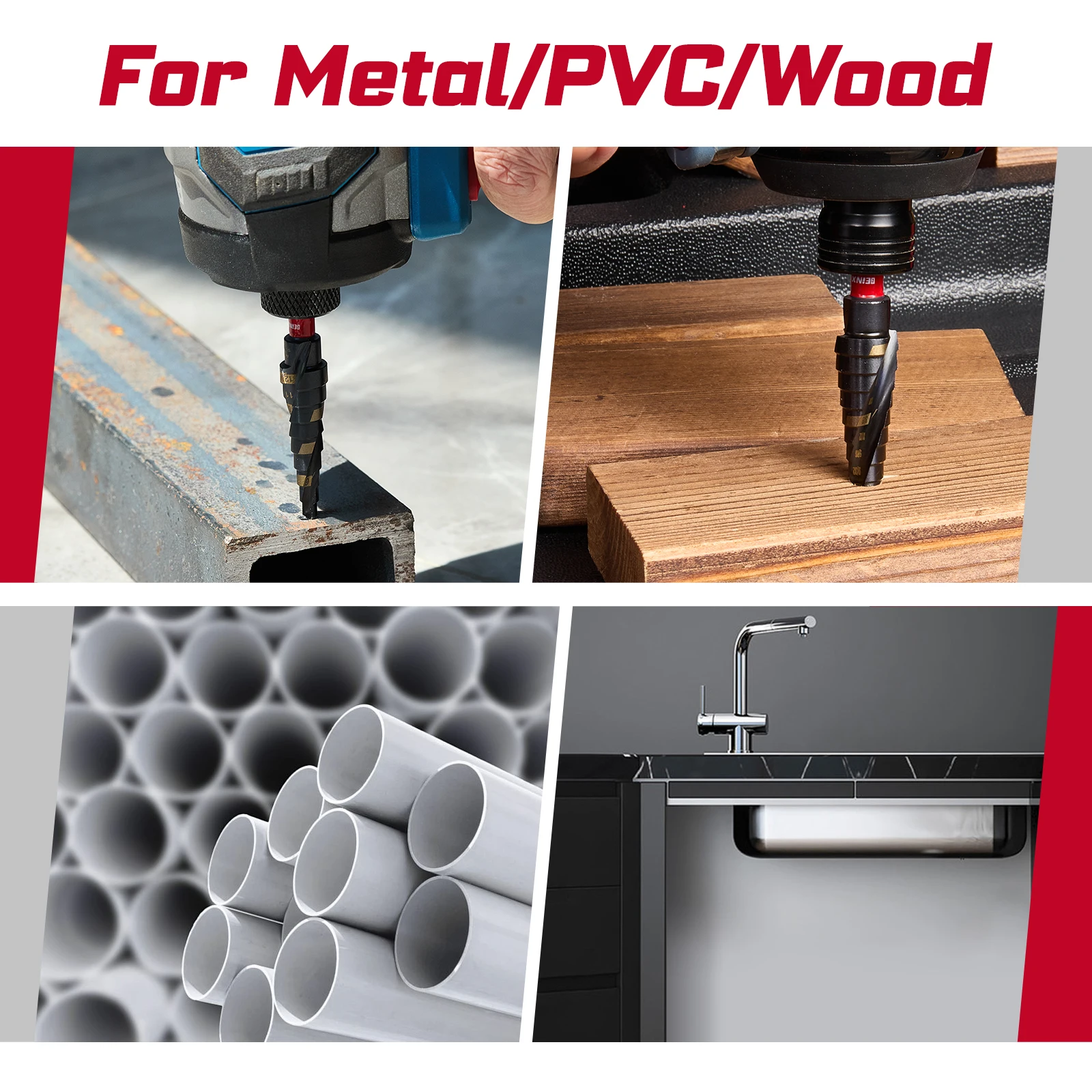 Geinxurn 1/8"-1/2" Titanium Step Drill Bit Set, Spiral Flute Fast Chip Removal & Quick Release Shank for Metal, Wood, Plastic