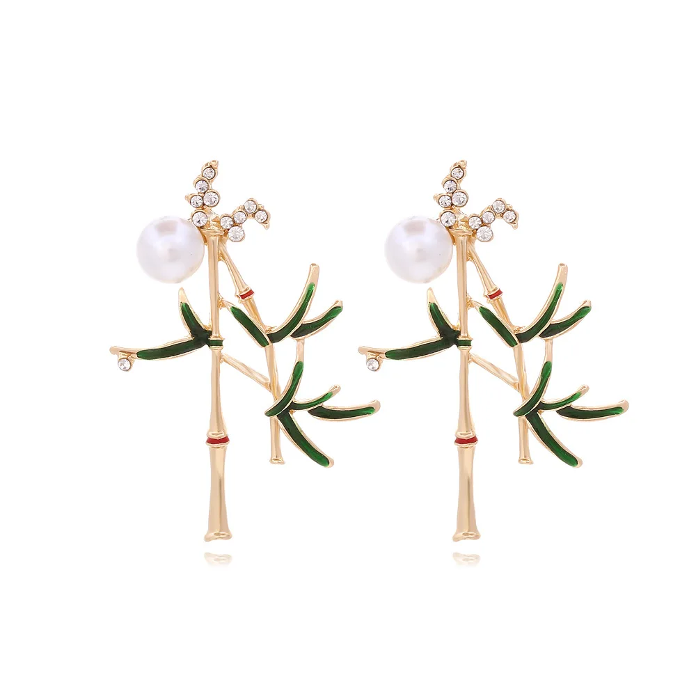 National Style Super Immortal Mori Bamboo Earrings Women's Retro Creative Oil Drip Diamond Bamboo Leaf Stud Earrings Elegant Han