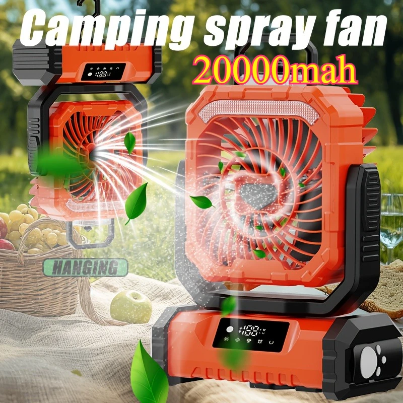 

20000mah Portable USB Camping Fan with Atomized Water Spray Electric Fan with Hook, Outdoor BBQ, Indoor Use, Camping Essentials