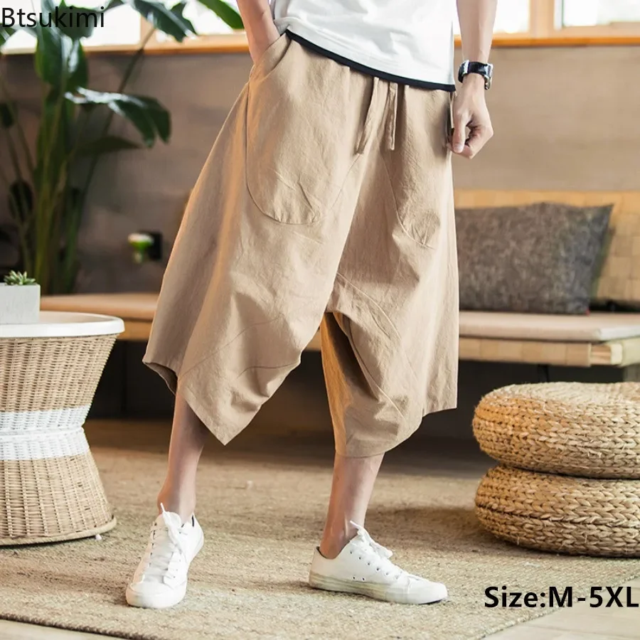 

2025 Summer Men Harajuku Harem Pants Men's Vintage Chinese Style Cotton Linen Joggers Pants Man Solid Loose Calf-lenght Trousers