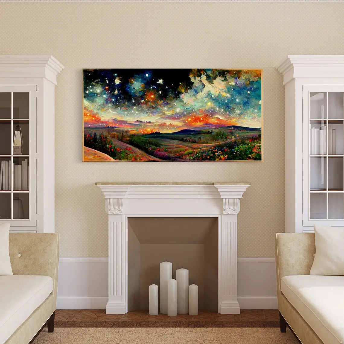 Night Starry Sky Landscape On Canvas Colorful Night Sky Painting Nature Oil Painting Living Room Wall Art Handmade Starry Paint