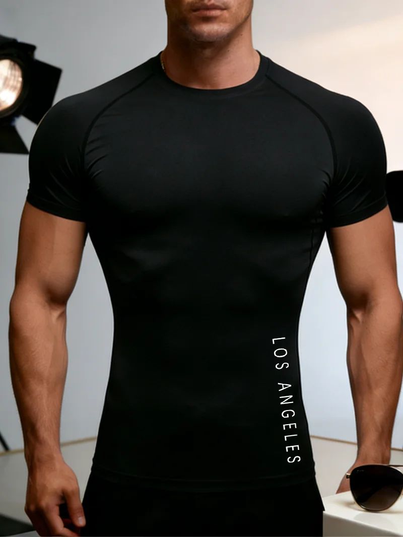Men's Quick Dry Short Sleeve Gym Running Moisture Wicking Round Neck T-Shirt letter print Exercise Sport Shirt Tops Lightweight