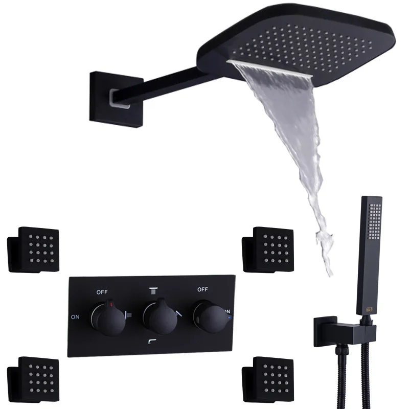 Luxury Wall-mounted Brass Nickel Waterfall Rain Shower System set Premium Recessed Hot/Cold Bathroom Shower Set 4-Function,Black
