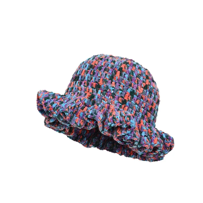 

Mixed Color Ruffle Edge Knitted Hat Children Autumn and Winter Warm Wool Basin Hat Colored Pleated Hand Crochet Bucket Hat
