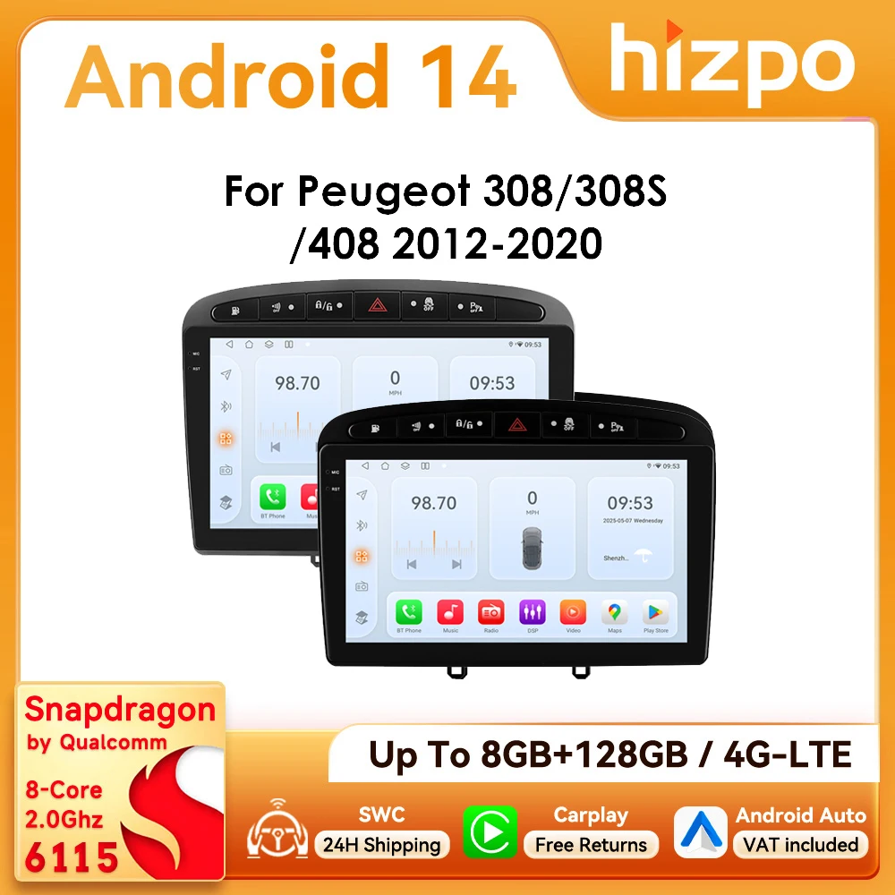 Hizpo Autoradio 9 Pollici 2Din con CarPlay Wireless e Android Auto per 308 308S 408 2012 - 2020, Unità Principale con DSP RDS BT 4G GPS Navi 360 ° CAM