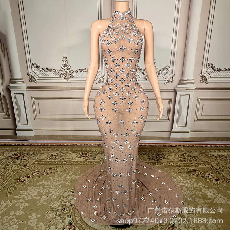 Autumn Mesh Perspective Diamond Fishtail Dress Sexy Nightclub Stage Performance Clothes Miss Universe Choose Beautiful Clothes