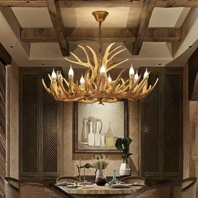 Retro Resin Antler Pendant chandelier Living room Restaurant Bar  4/6/9 Arms Brown White E14 Deer Horn lights house decoration