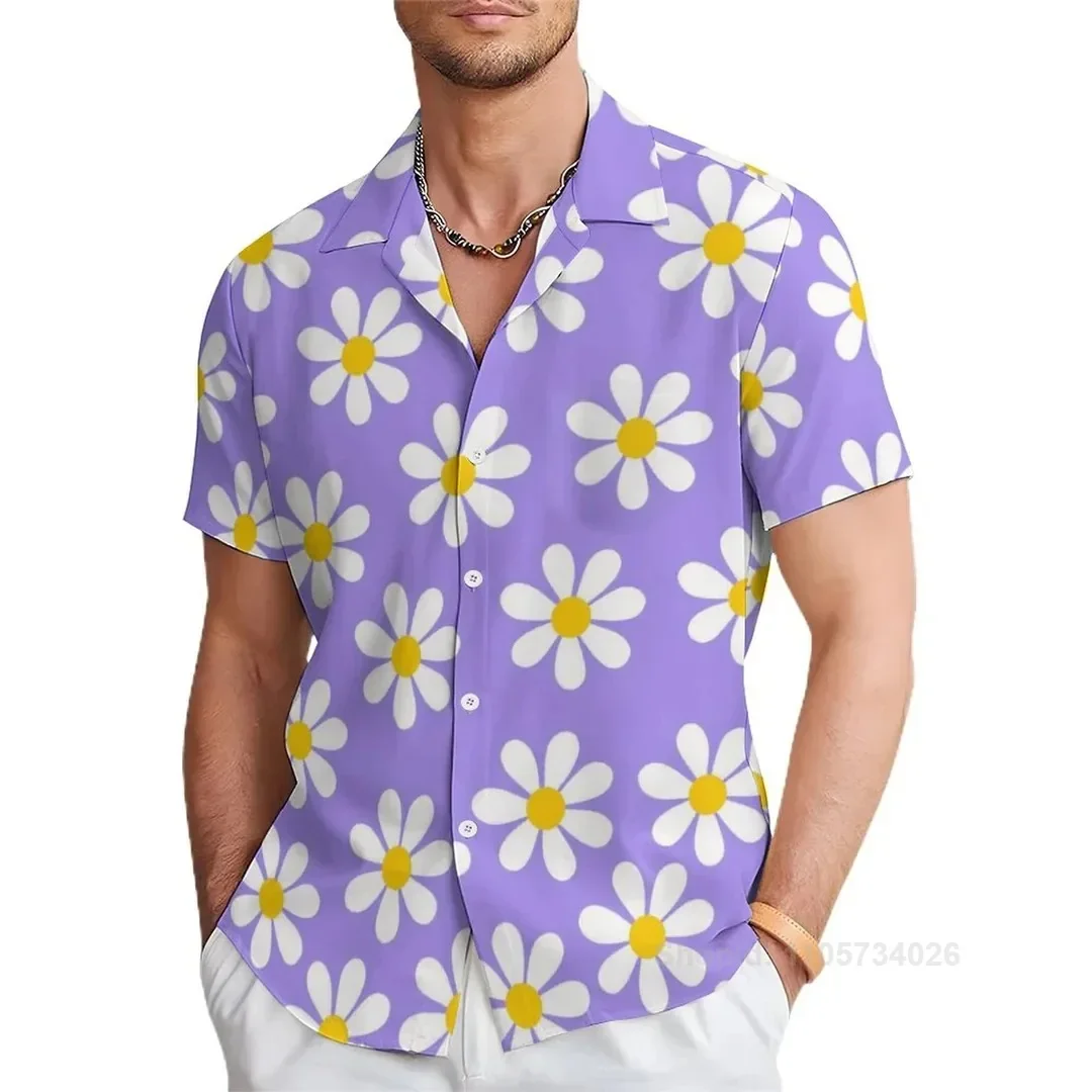 Floral Daisy Casual Men's Shirt Daily Out Summer Lapel Short Sleeve Purple Orange Flower Hawaii Clothing