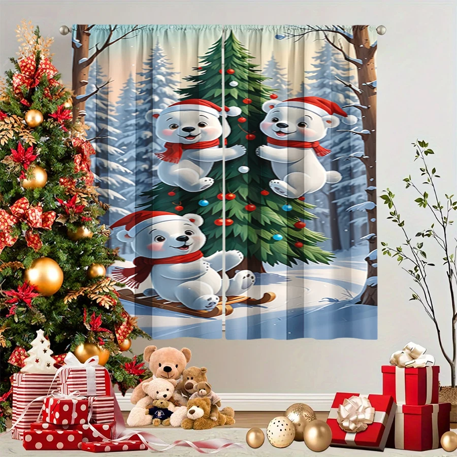 2PCS Christmas Winter Curtains, Cute Polar Bear Christmas Tree Sled Snow Forest, Digital Print, Bedroom Living Room, Home Decor
