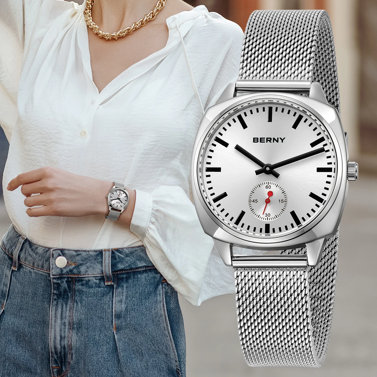 BERNY Quartz Ladies Watch Simple versatile railway watch for women Simple Dial Wristwatch Waterproof Leisure Watch for Women