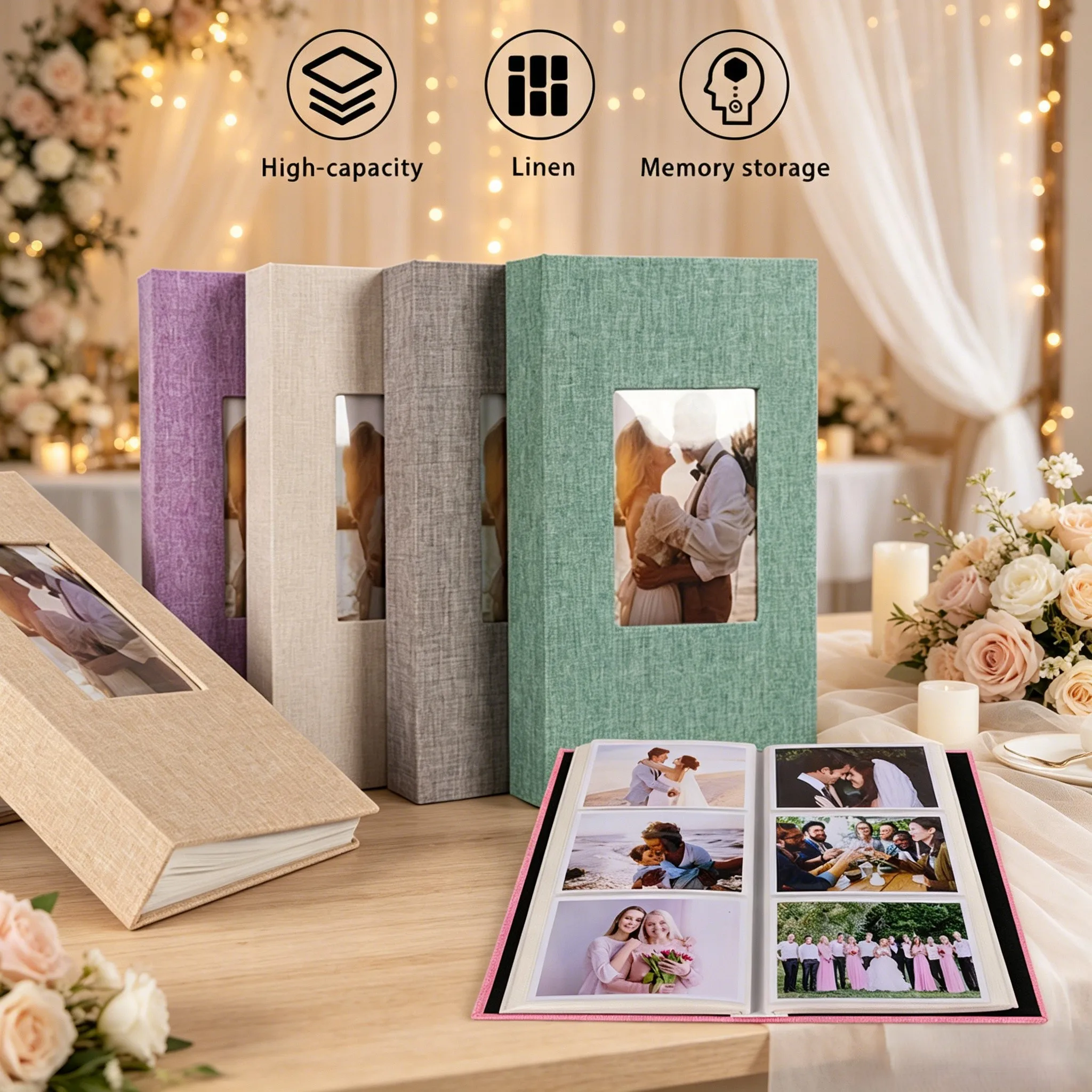 Linen Photo Album Holds 300pcs 6 Inch Photos, Front Display Window,For Wedding, Newborn Baby Growth & Family Travel Gift