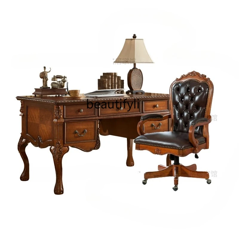 

American solid wood antique desk boss computer desk European writing desk combination