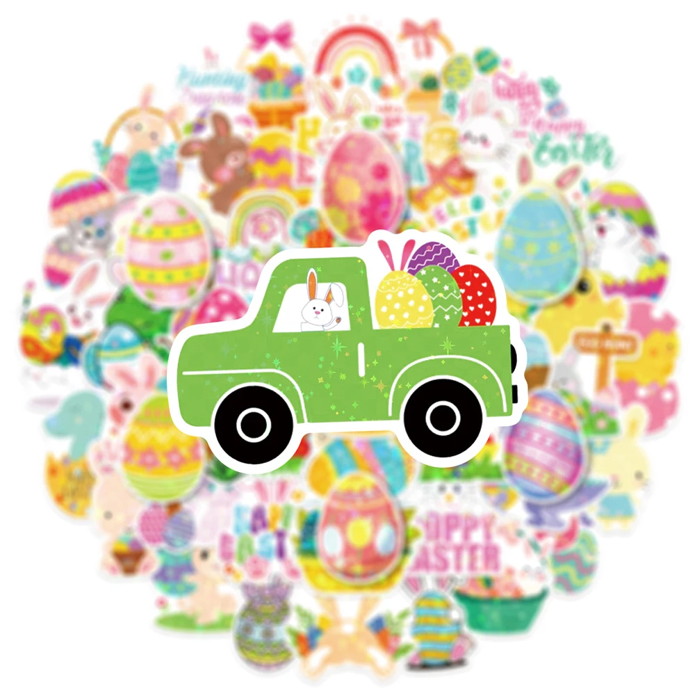 

10/30/50pcs Cute Laser Style Easter Stickers Creative Rabbit Egg Cartoon Decals Guitar Stationery Laptop Aesthetic Sticker Decor
