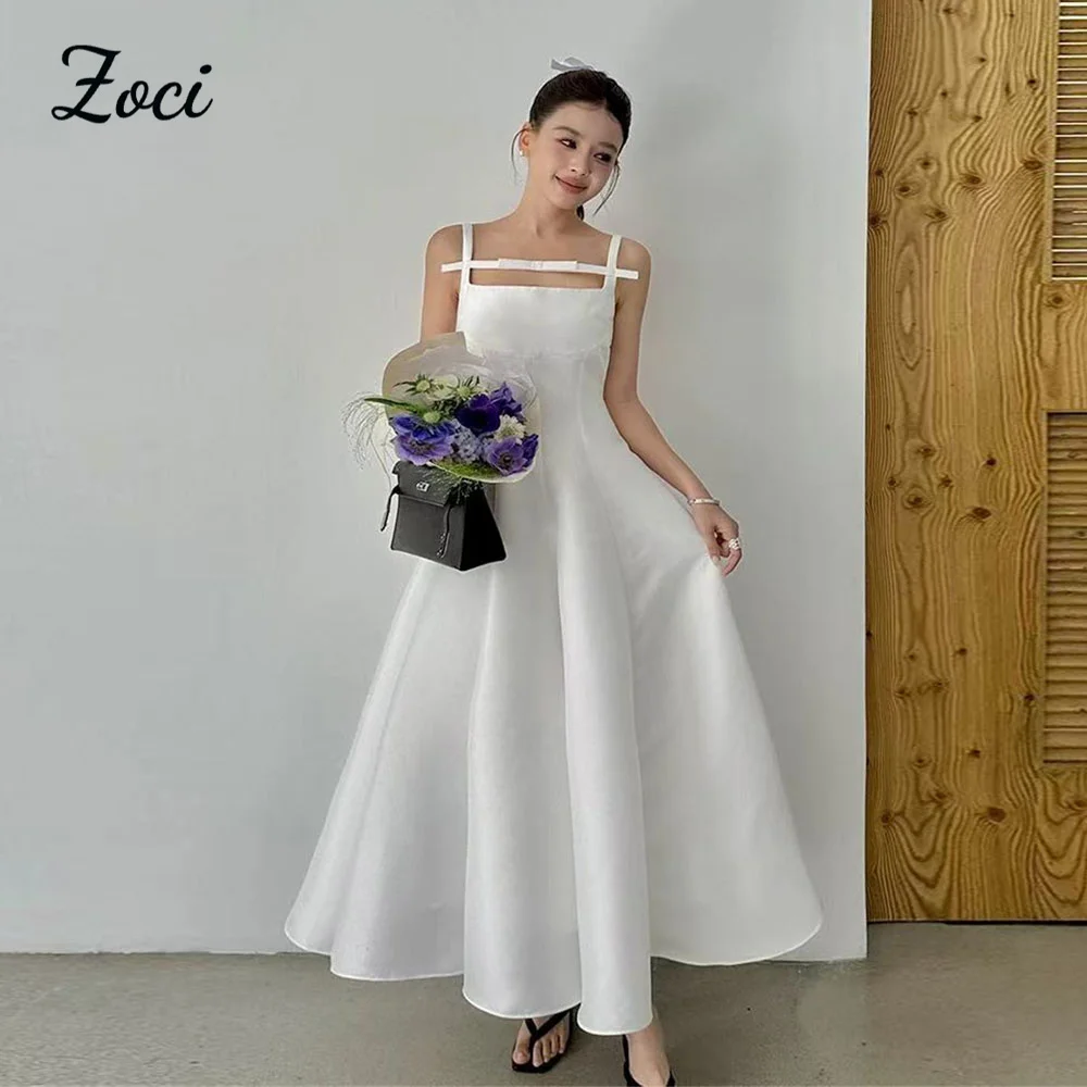 

Zoci Princess Satin A line Korea Wedding Dresses Bow Neck Spagheti Straps Bride Dress Customized Ankle Wedding Gown Photos Shoot