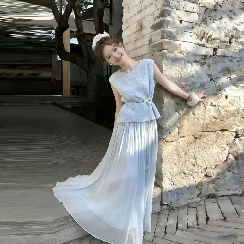 

Summer 2026 Women's Loose Feelings Hollow out Sleeveless Top And Long Skirt Two Piece Set Chic Casual Loose Fit Fashion