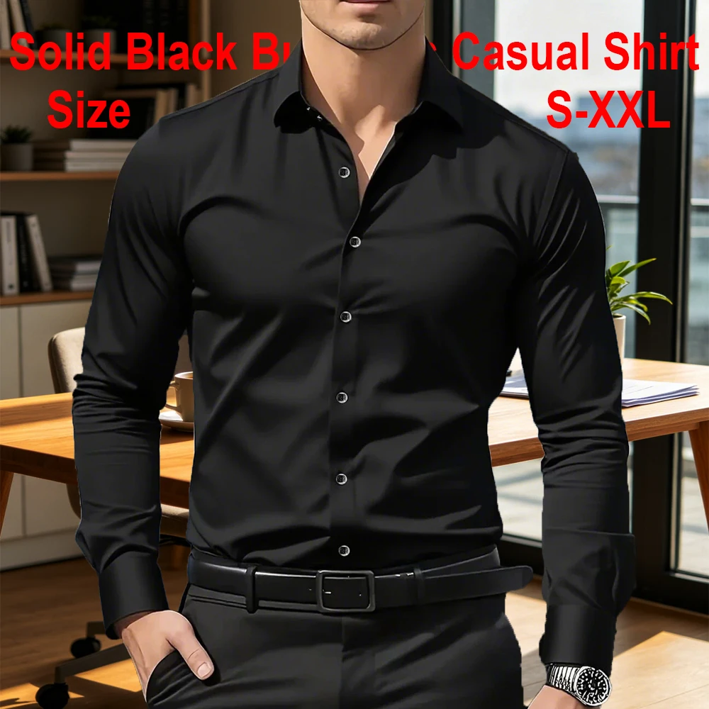 Men's Solid Black Premium Business Casual Shirt, Slim Fit Long Sleeve Wrinkle Resistant Dress Shirt, 5 Colors Available, S-XXL