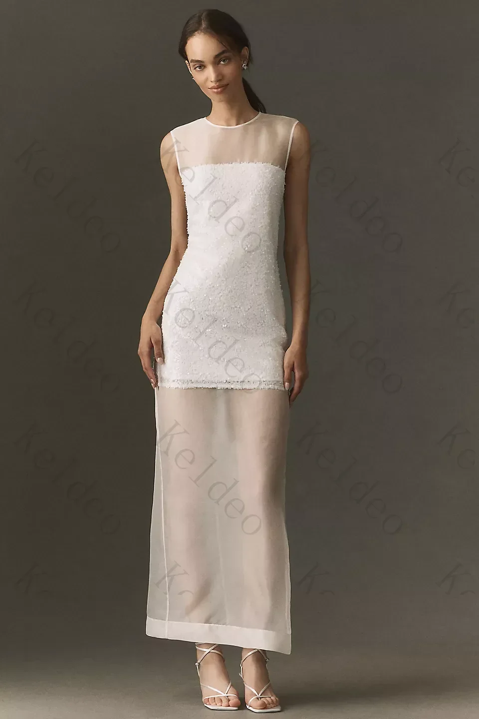 Customized Modern Sheath Wedding Dresses Sexy Sleeveless Crew Neck Sequin Beaded Short Inner Dress Sheer Mesh Slit Bridal Gowns